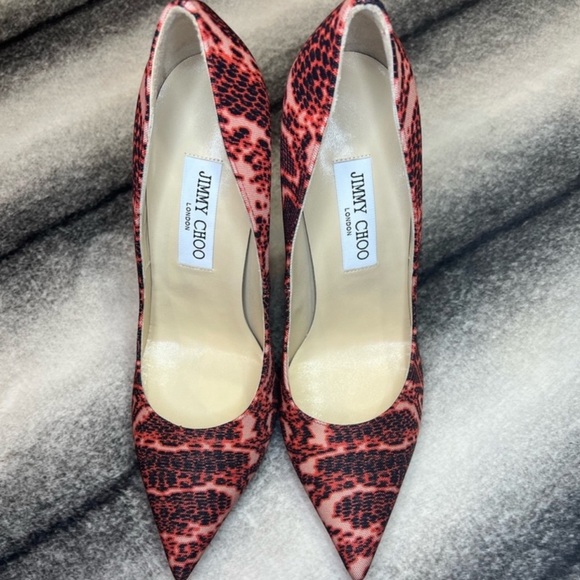 Jimmy Choo Shoes - Jimmy Choo Anouk Mandarin Red Mix Snake Printed Fabric Pumps Heels